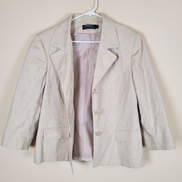 Tribal Flower Print Tan Blazer Jacket Size 12 - Picture 5 of 8